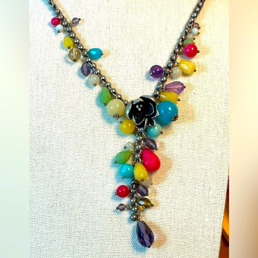 Vintage Fossil Beaded Flower Y-Necklace Y2K Boho Statement Jewelry Multi-Color - Picture 3 of 9